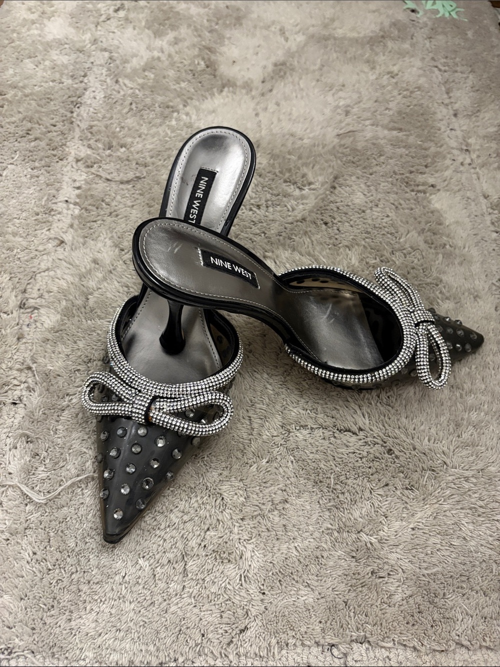 Nine West Black Pointed Crystal-Embellished Mule Heels